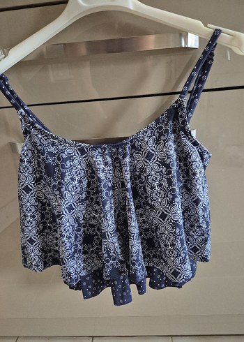Mavi Bohem Desenli Askılı Crop Top