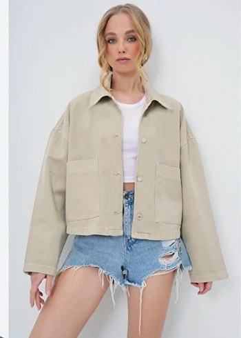 Düğmeli Bej Keten Kadın ceket - Görsel 3