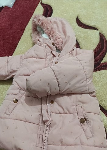 9-12 Ay Beden pembe Renk Kız Çocuk Pudra Kapüşonlu Kürklü Mont