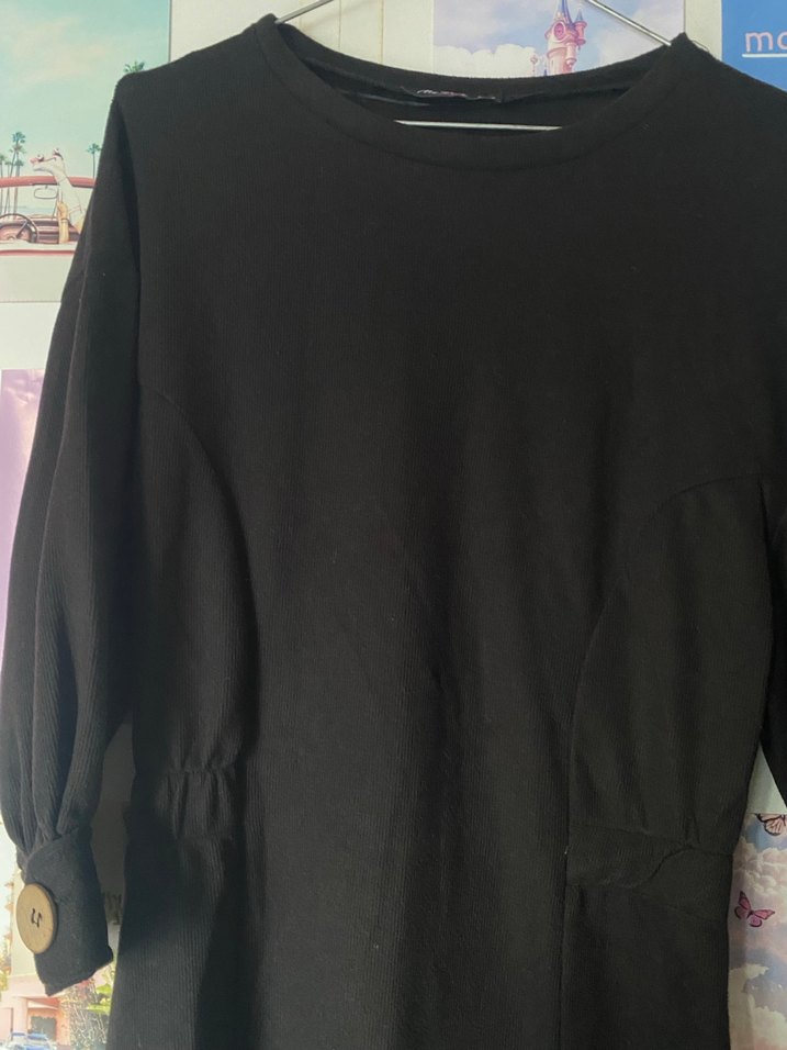 Düğmeli Siyah Midi Elbise - Görsel 2