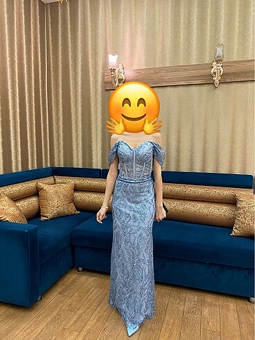 Taşlı Simli Pullu Mavi Abiye