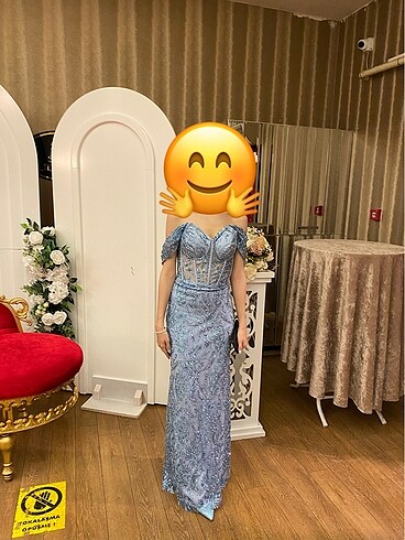 xs Beden Taşlı Simli Pullu Mavi Abiye