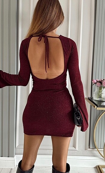 Diğer Bordo simli sırt dekolteli mini elbise