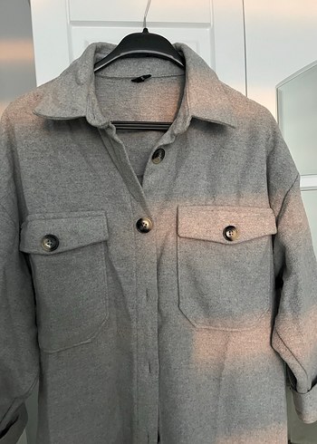 Gri Düğmeli Kadın Yün Gömlek Midi Boy - Görsel 2