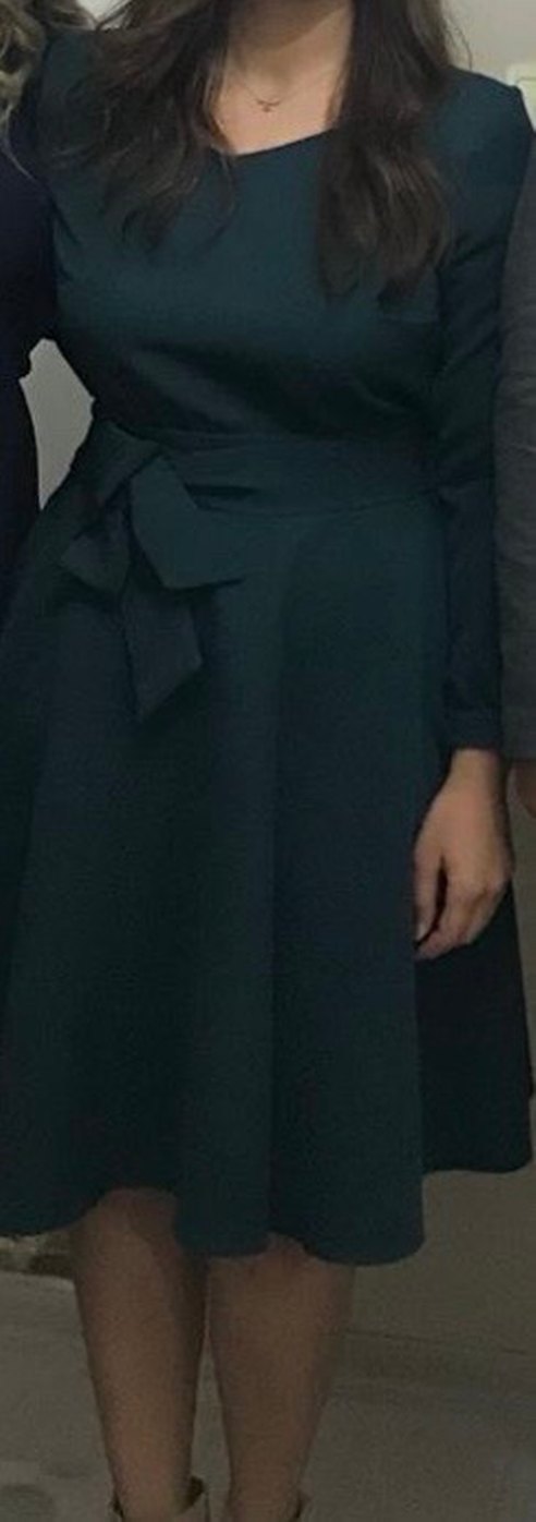 Koyu Yeşil V Yaka Uzun Kollu Midi Elbise - Görsel 2