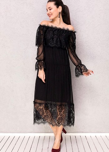 Dantel Detaylı Siyah Uzun Goth Elbise - Görsel 2