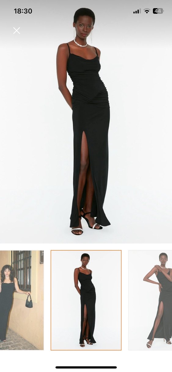 Drapeli Siyah Uzun Askılı Kadın Abiye Elbise - Görsel 3