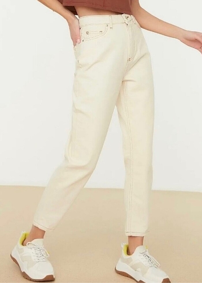 Ekru Yüksek Bel Mom Jean - Görsel 2