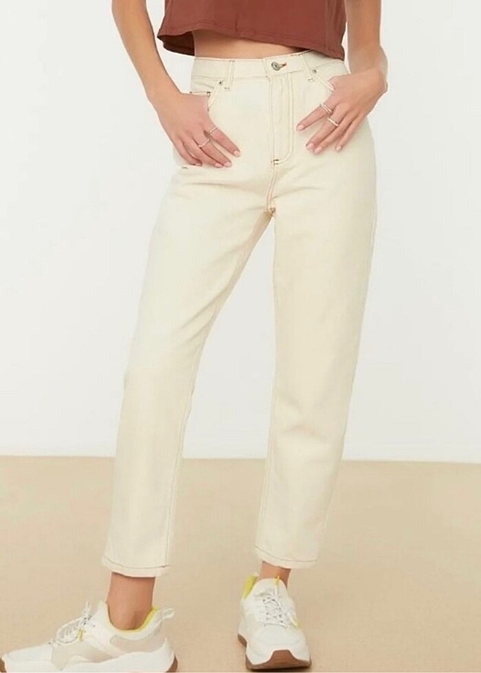 Ekru Yüksek Bel Mom Jean - Görsel 3