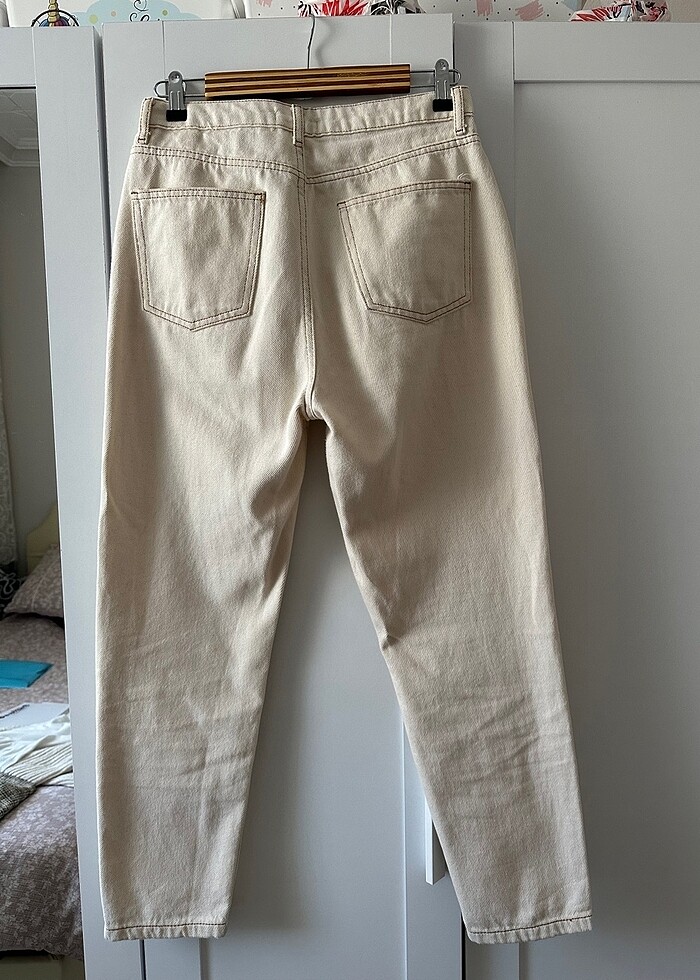 Ekru Yüksek Bel Mom Jean - Görsel 4