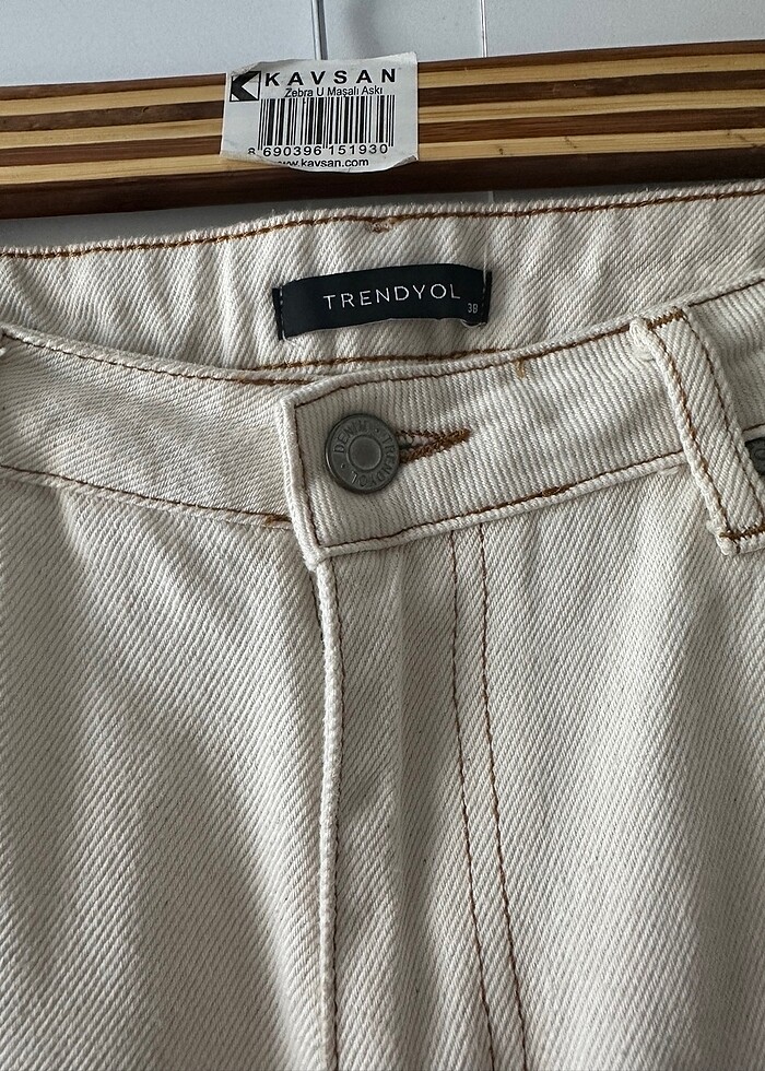 Ekru Yüksek Bel Mom Jean - Görsel 5