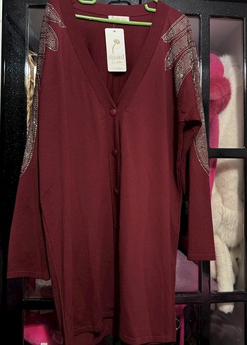 Bordo Uzun Kollu Nakışlı Kadın Hırka - Görsel 2