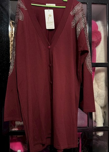 Bordo Uzun Kollu Nakışlı Kadın Hırka - Görsel 3