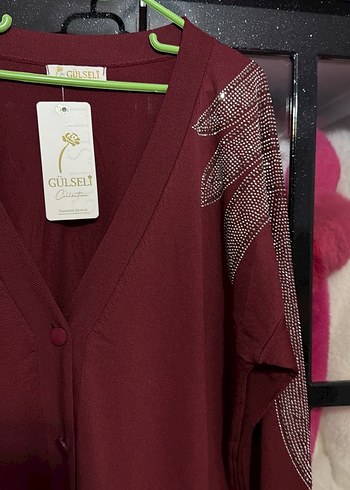 Bordo Uzun Kollu Nakışlı Kadın Hırka - Görsel 5