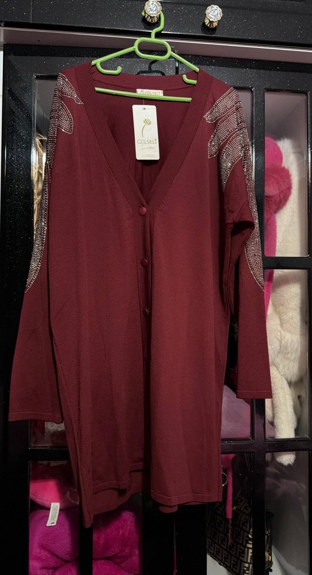 Bordo Uzun Kollu Nakışlı Kadın Hırka - Görsel 2