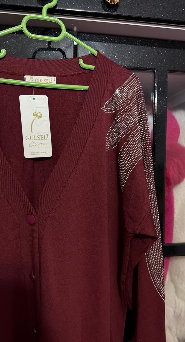 Bordo Uzun Kollu Nakışlı Kadın Hırka - Görsel 5