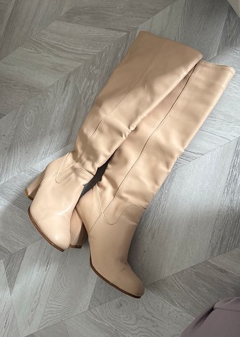 Bej Deri Dizüstü Kadın Botlar Topuklu - Görsel 11