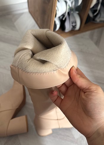 Bej Deri Dizüstü Kadın Botlar Topuklu - Görsel 10