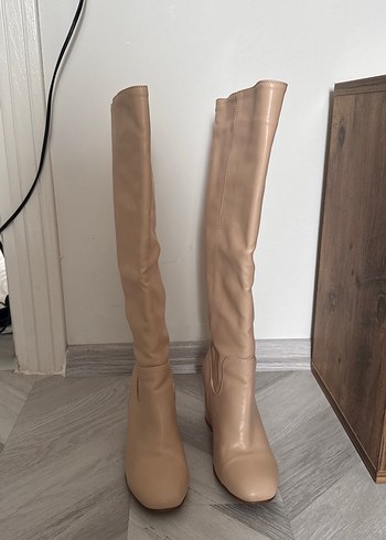 Bej Deri Dizüstü Kadın Botlar Topuklu - Görsel 3