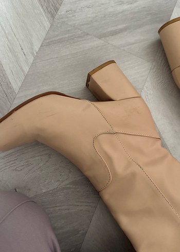 Bej Deri Dizüstü Kadın Botlar Topuklu - Görsel 6