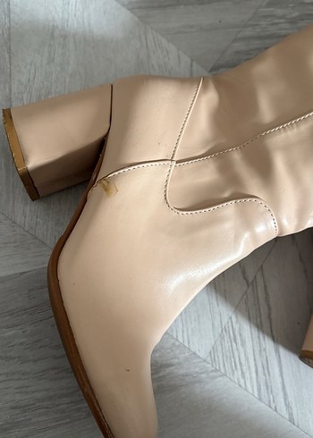 Bej Deri Dizüstü Kadın Botlar Topuklu - Görsel 8