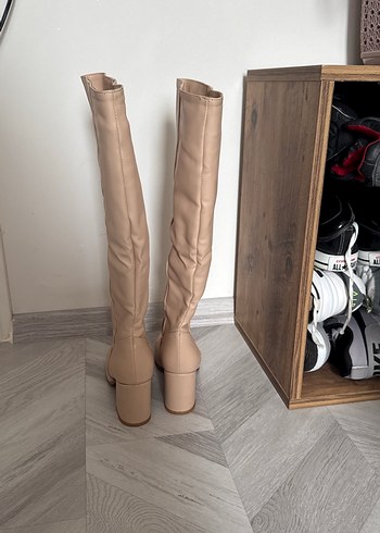 Bej Deri Dizüstü Kadın Botlar Topuklu - Görsel 4