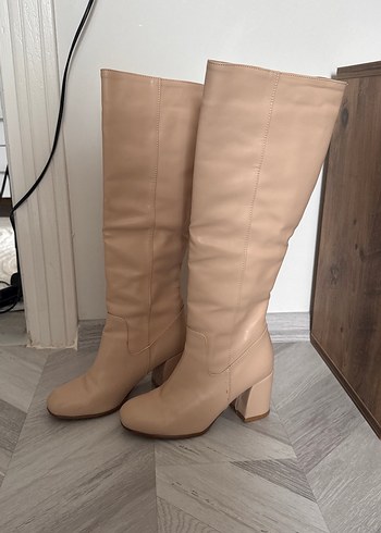 Bej Deri Dizüstü Kadın Botlar Topuklu - Görsel 2