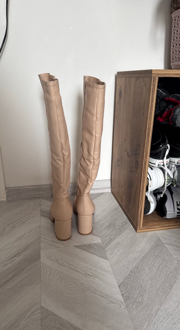 Bej Deri Dizüstü Kadın Botlar Topuklu - Görsel 4