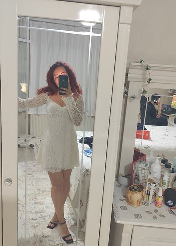 Bershka Uzun Kollu Beyaz Bohem Mini Gelinlik -Elbise