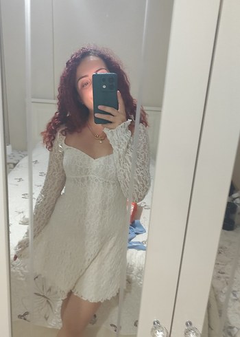 Uzun Kollu Beyaz Bohem Mini Gelinlik -Elbise