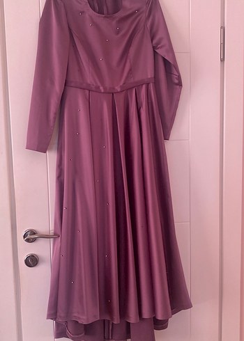 Uzun Mor Drape Detaylı Kadın Abiye Elbise