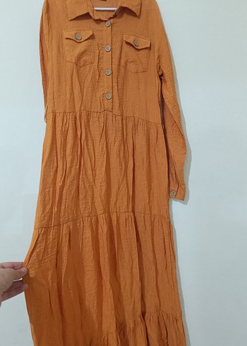 Düğmeli Keten Uzun Bohem Elbise - Görsel 2