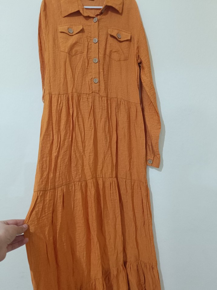 Düğmeli Keten Uzun Bohem Elbise - Görsel 2