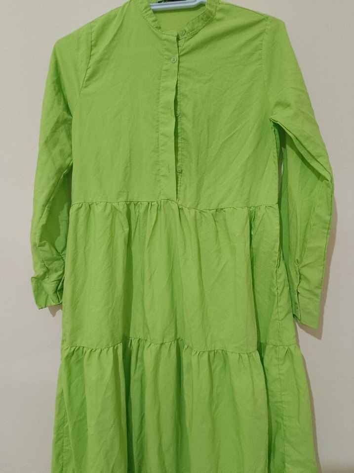 Uzun Kollu Yeşil Kadın Keten Elbise - Görsel 2
