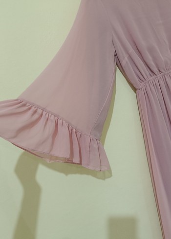 Pembe V Yaka Uzun Kollu Volanlı Elbise - Görsel 3