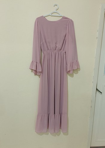 Pembe V Yaka Uzun Kollu Volanlı Elbise - Görsel 2