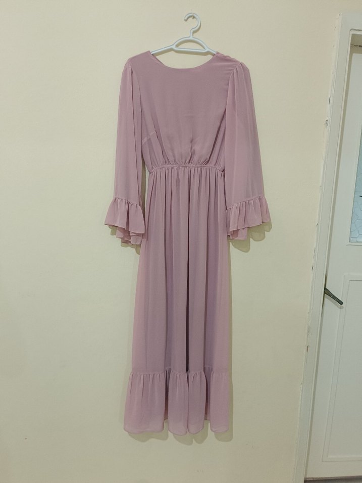 Pembe V Yaka Uzun Kollu Volanlı Elbise - Görsel 2