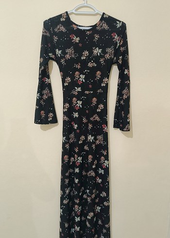 Çiçek Desenli Siyah Uzun Kollu Bohem Elbise - Görsel 2