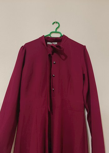 Bordo Uzun Kollu Drapeli Kadın Elbise - Görsel 2