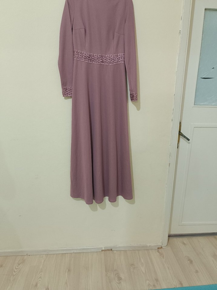 Bej Uzun Kollu Drapeli Kadın Abiye Elbise - Görsel 3