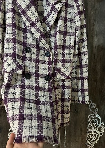 Mor Ekose Desenli Uzun Kadın Blazer