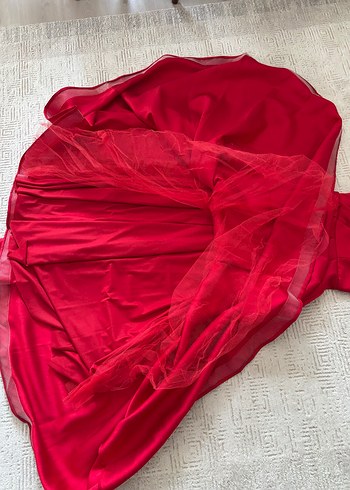 Kırmızı Uzun Drapeli V Yaka Abiye Elbise - Görsel 5