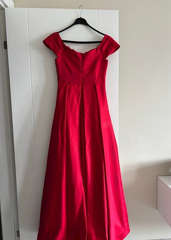 Kırmızı Uzun Drapeli V Yaka Abiye Elbise - Görsel 3