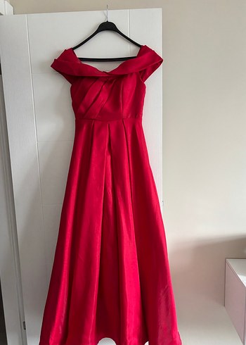 Kırmızı Uzun Drapeli V Yaka Abiye Elbise - Görsel 2