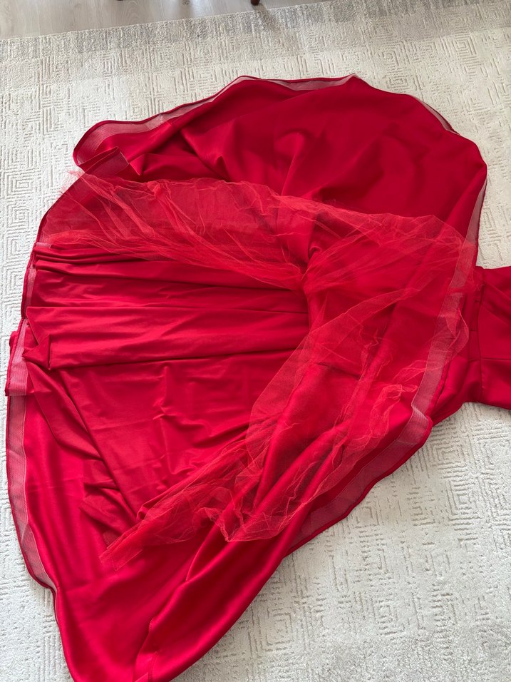 Kırmızı Uzun Drapeli V Yaka Abiye Elbise - Görsel 5