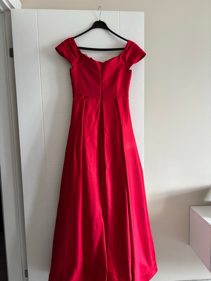 Kırmızı Uzun Drapeli V Yaka Abiye Elbise - Görsel 3