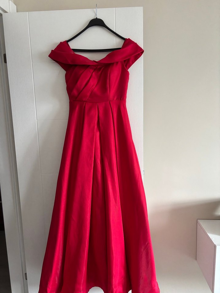 Kırmızı Uzun Drapeli V Yaka Abiye Elbise - Görsel 2