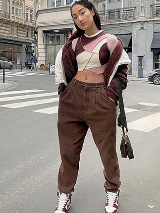 Pembe Kahverengi Yamalı Crop Üst