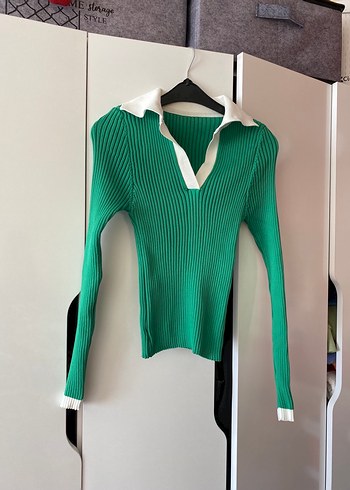 Yeşil Beyaz Yakalı Triko Kadın Kazak - Görsel 3