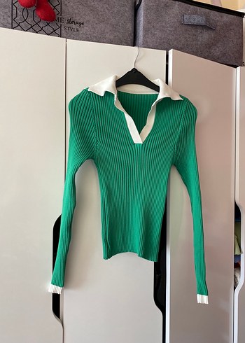 Yeşil Beyaz Yakalı Triko Kadın Kazak - Görsel 4